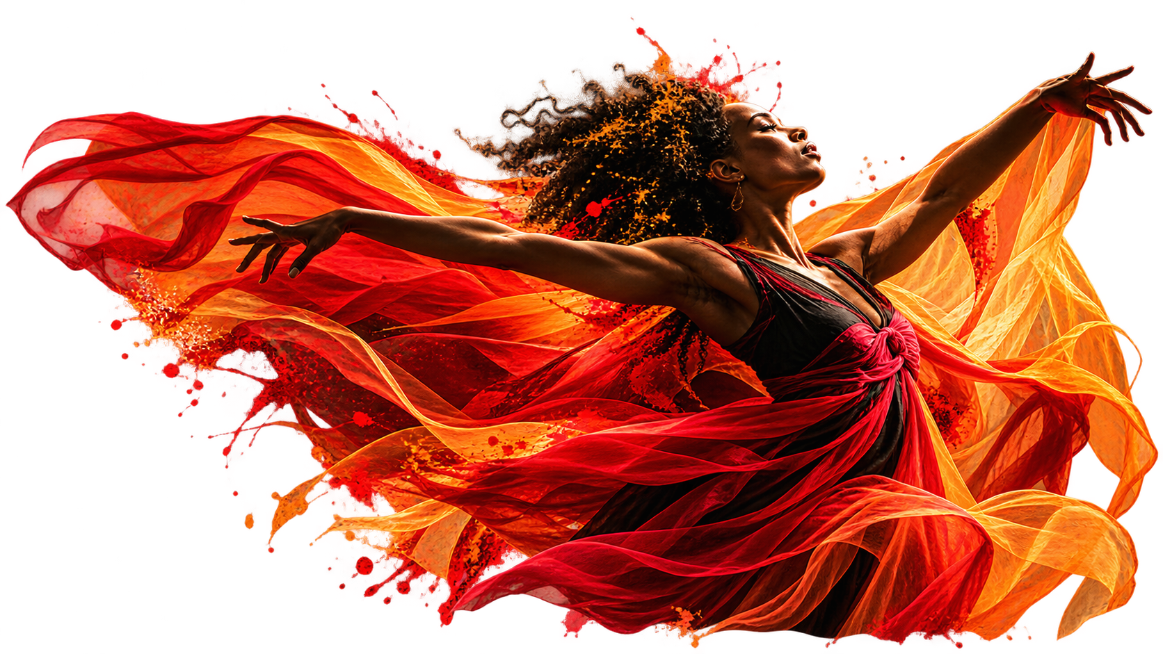 Bailarina em movimento com tecidos vermelhos e dourados